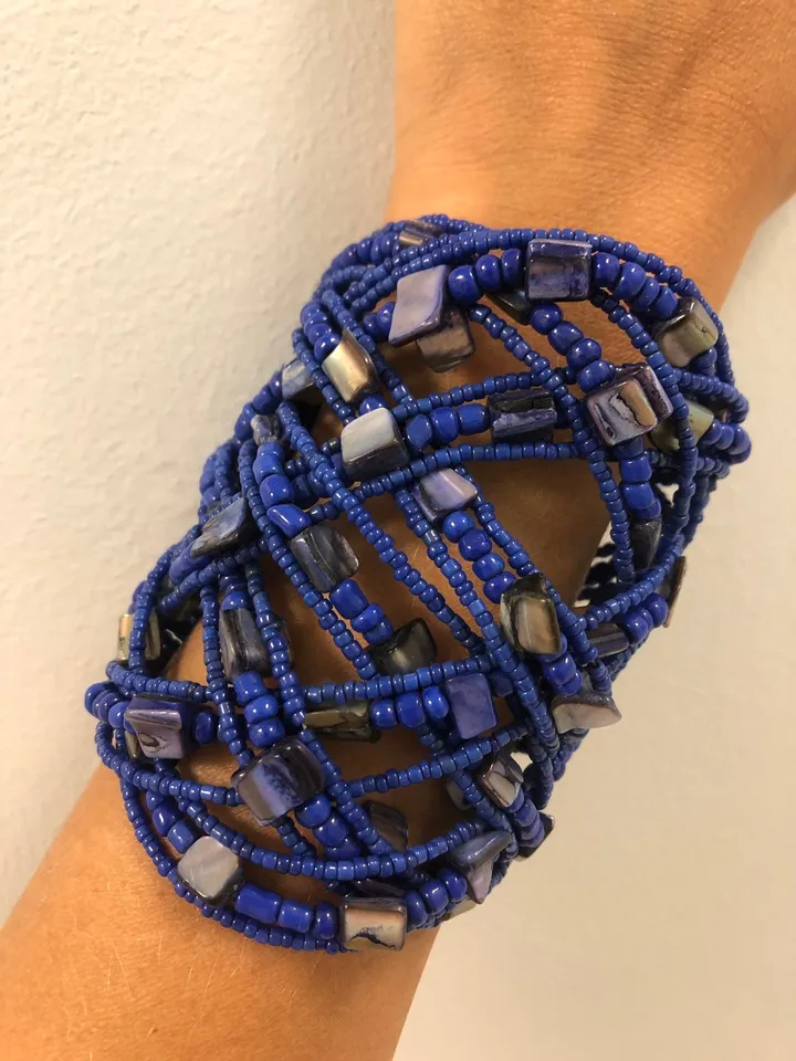 Wide Bright Blue Nacre Bracelet | Handmade Mother Of pearl Jewerly | Pearl Beaded Wide Bracelet | Elegabt Women Assosoiries | Blue Bracelet