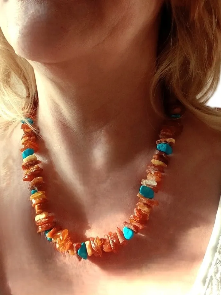 Raw Amber Healing Stone Necklace Baltic Amber jewelry adults with turquoise howlite beads. For anxiety, thyroid treatment.