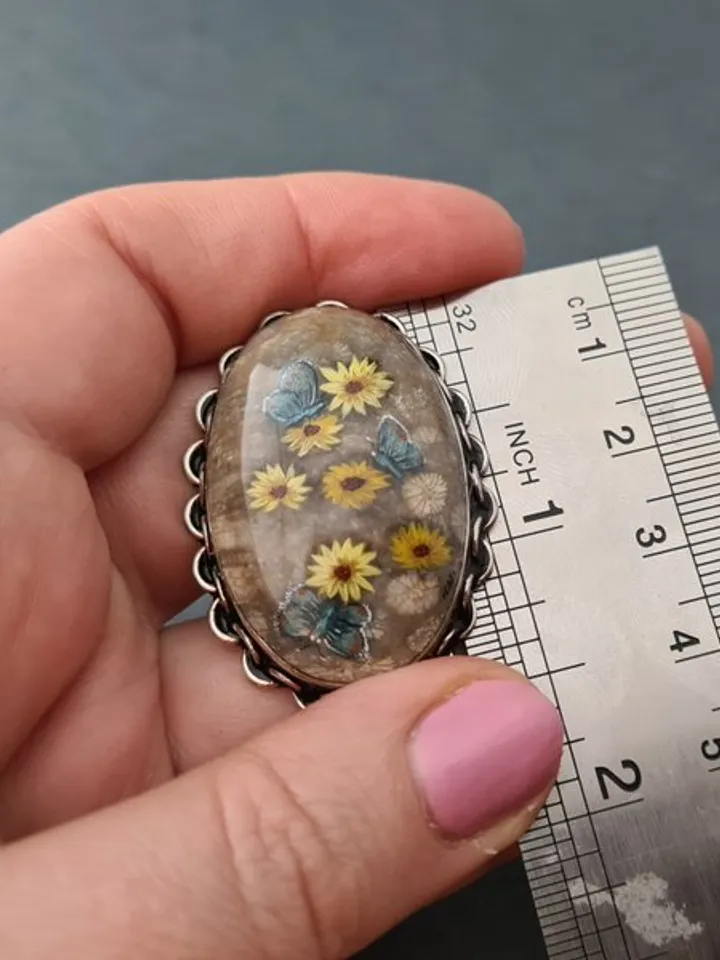 Daisies and blue moths ring Coral stone ring Stone painting