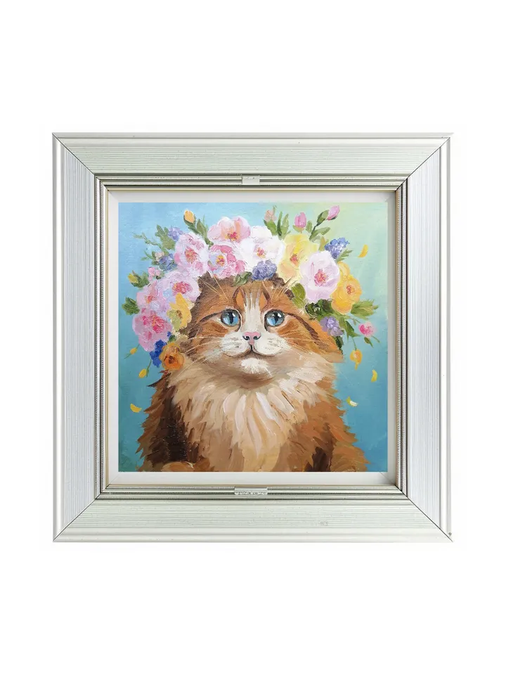 Cat Portrait Original Oil Painting Cat in Flowers Square Artwork