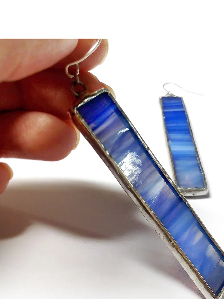 Glass blue geometric earrings, Simple Stained glass, rectangle earrings, Minimalist earrings, Dangle minimalism earrings