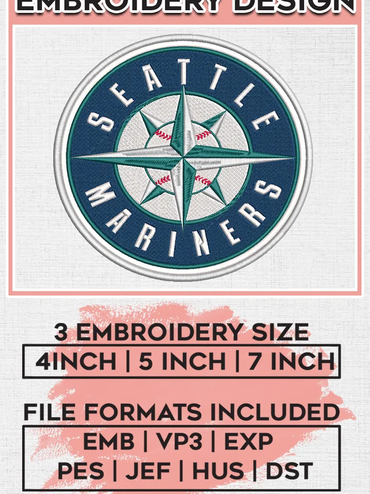 MLB Seattle Mariners Team Logo Embroidery Design, MLB Seattle Mariners Embroidery files, Baseball Team, Mariners Design, Digital Download