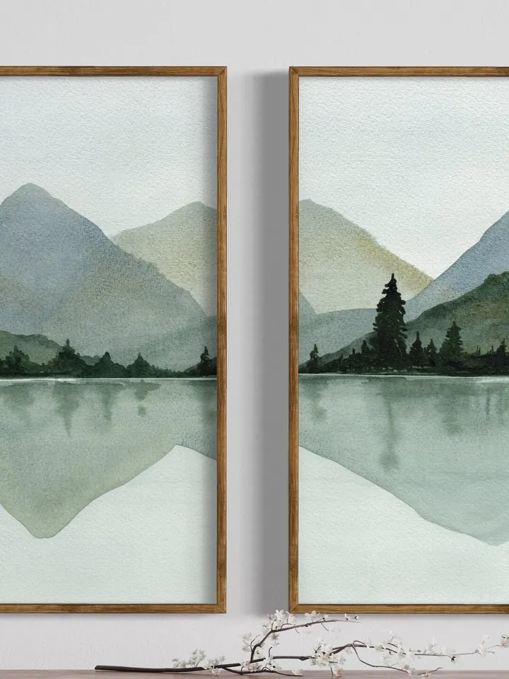 Mountain Lake Print Set Of 2, Large Lake Painting, Minimalist Wall Art, Mountain Forest Art, Living Room Decor,