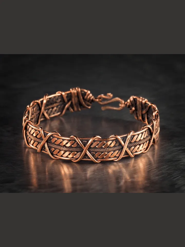 Wire wrapped bracelet, Unique 7th 22nd Anniversary gift idea, Art Nouveau antique style, One of kind braided statement bangle, Handmade oxidized pure copper jewelry, Pain relief, EMF protection