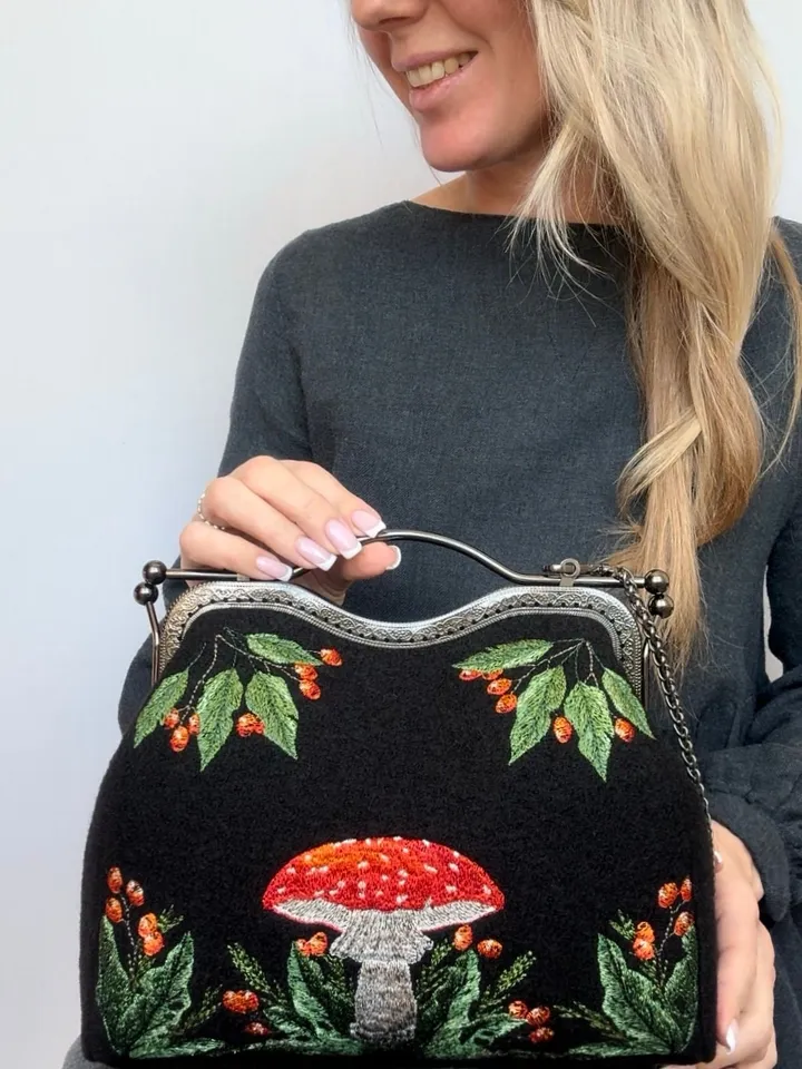 Machine embroidery design “Fly agaric” using artistic satin stitch technique