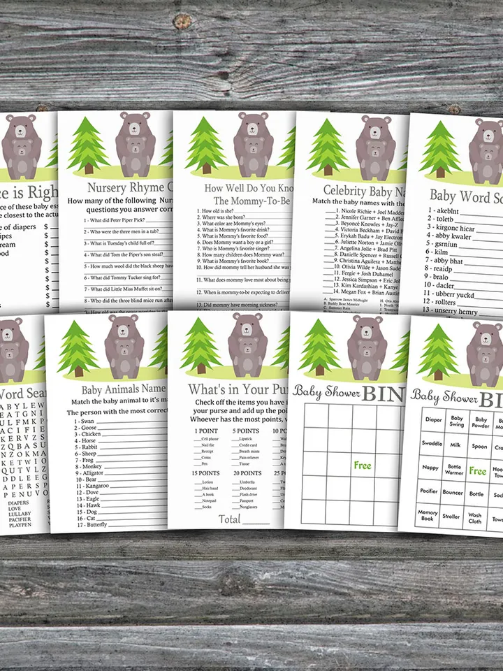 Woodland baby shower games bundle,Bear Baby Shower games package,Fun Baby Shower Games,9 Printable Games-368
