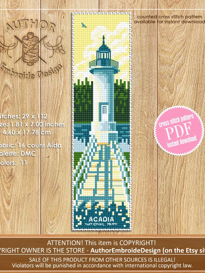 Acadia National park bookmark cross stitch pattern PDF download Nature cross stitch chart, Digital bookmark pattern PDF, Lighthouse #B176