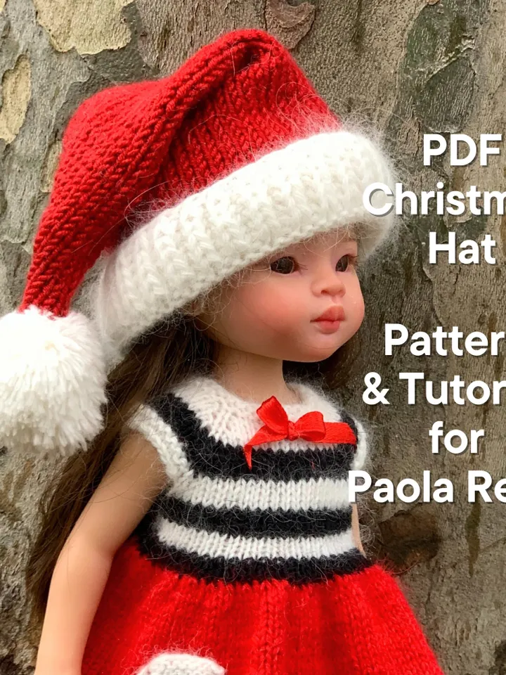PDF CHRISTMAS hat Paola Reina knit pattern / Christmas hat for Boneka 12-13 inch doll, Ruby Red Siblies, Les Cheries 32 cm eng