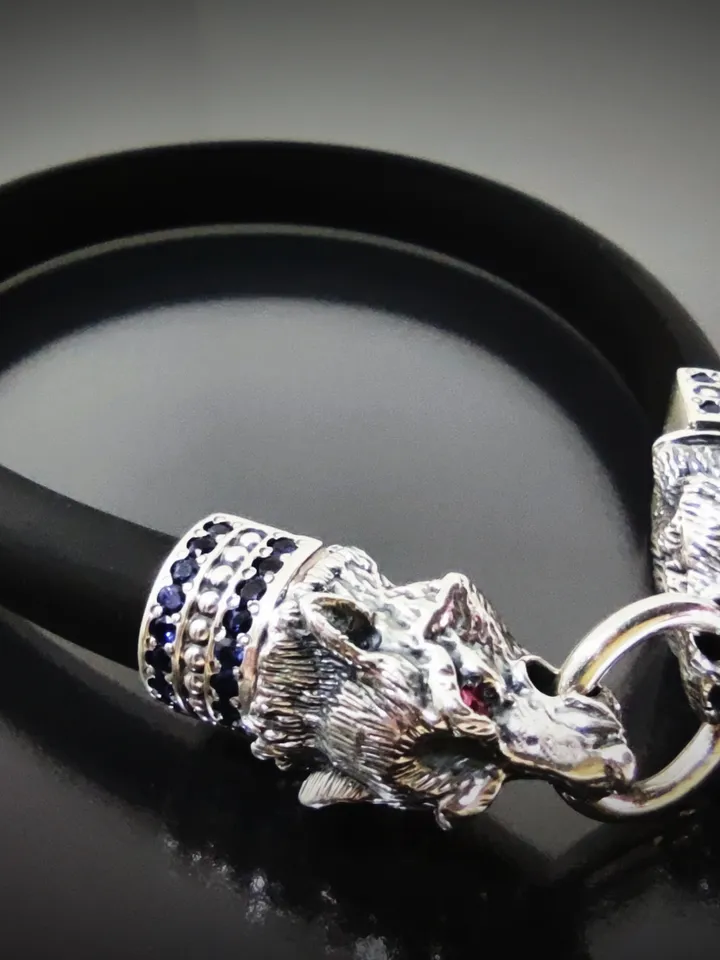 Luxurious bracelet Wolves - inlaid with natural sapphires, rubies