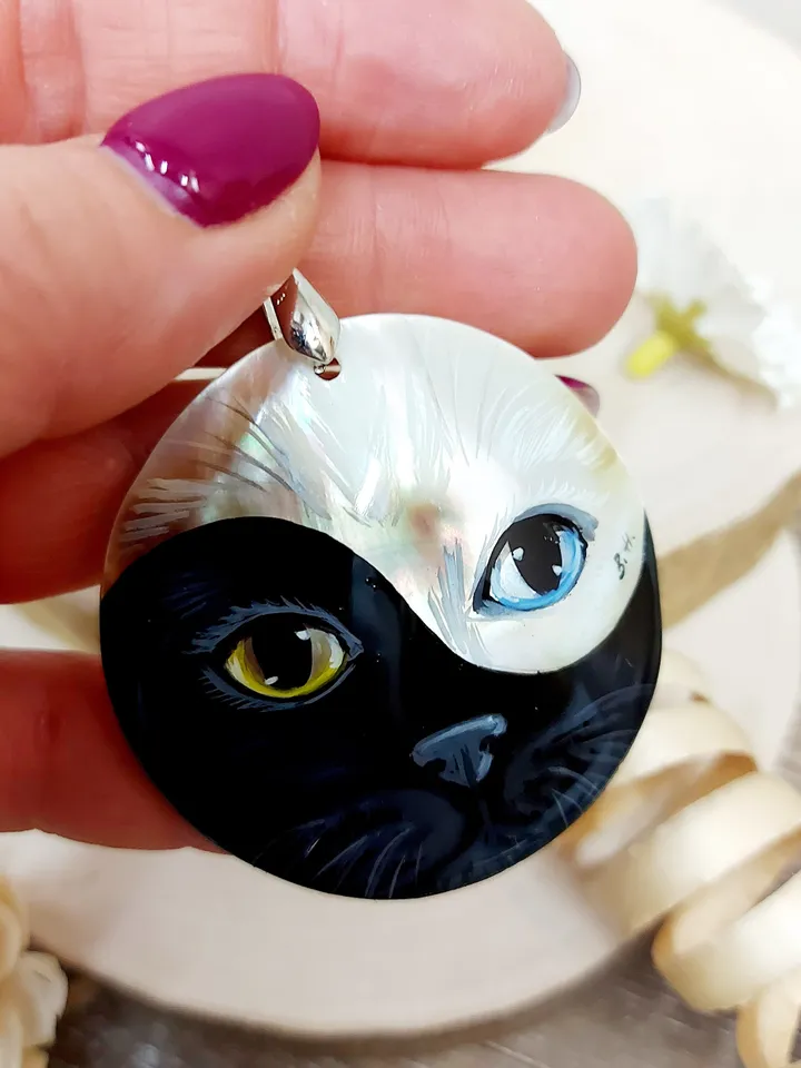 Pendant Mother-of-pearl "Yin-Yang Cat" miniature hand-painted. Russian jewelry. Gift for cat lovers. Hand-painted Necklace. MOP