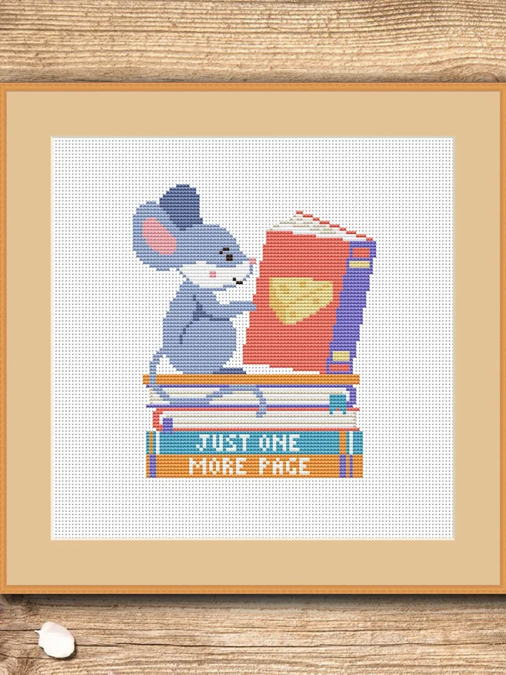 Just One More Page Cross Stitch Pattern, Mouse Cross Stitch Pattern, Books Cross Stitch Pattern, Books Patterns #qt003