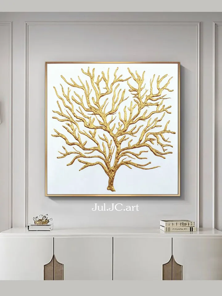 Gold Tree Abstract Painting Gold and White Wall Art on canvas Shiny Textured Artwork Modern wall decor