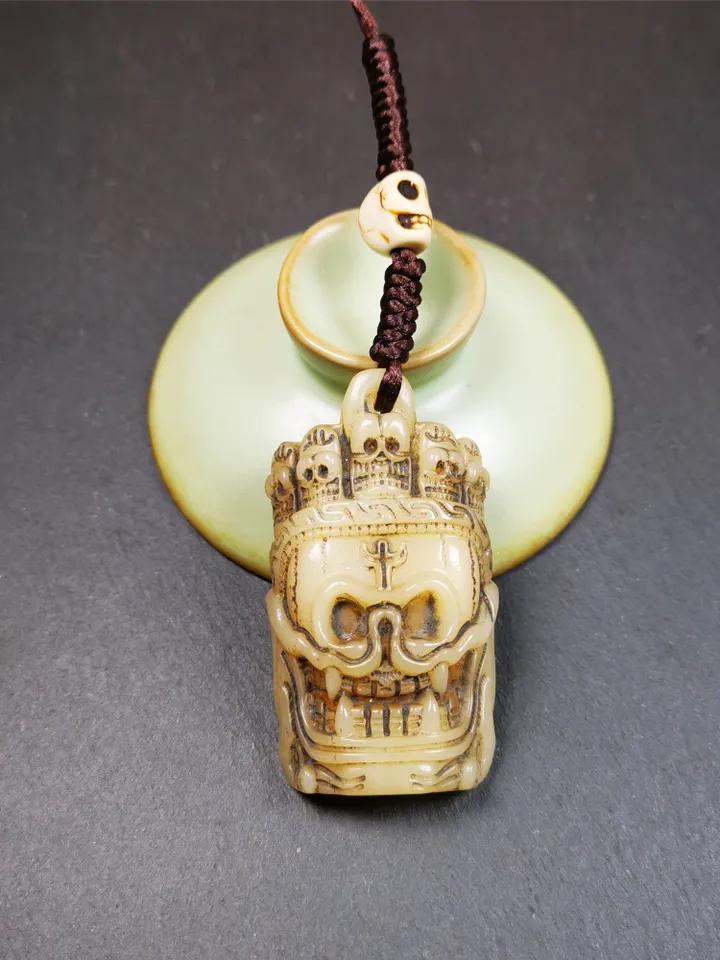 Gandhanra Tibetan Amulet,Yak Bone Carved Skull Masters of Sitavana Badge, Hand-carved Skull Pendant