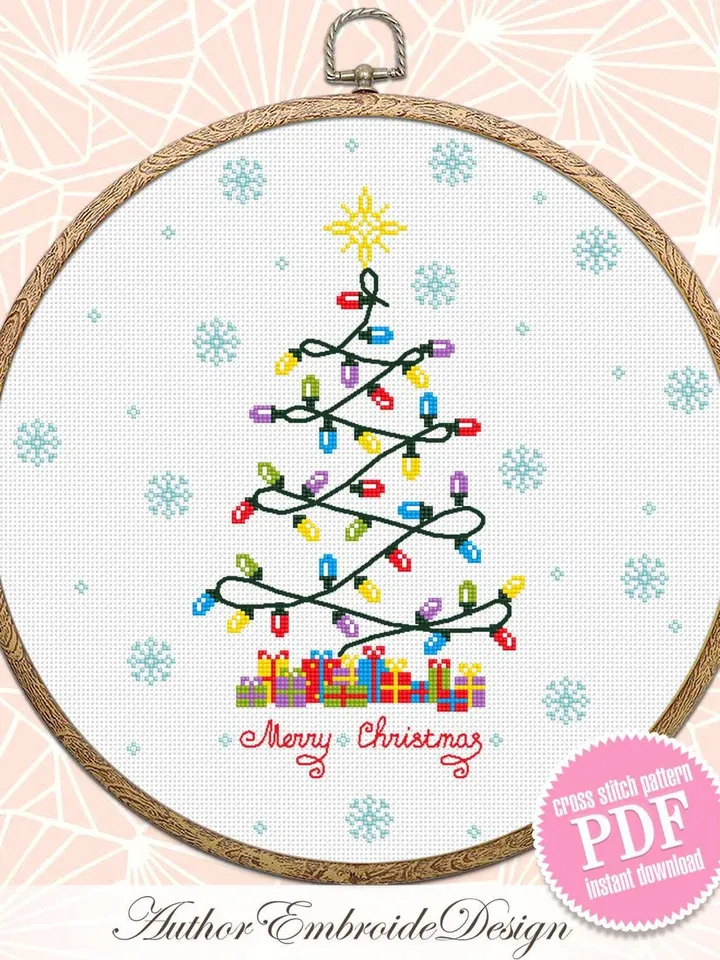 Christmas tree lights cross stitch pattern PDF download Xmas cross stitch chart, Merry Christmas pattern digital PDF, Christmas decor #N153