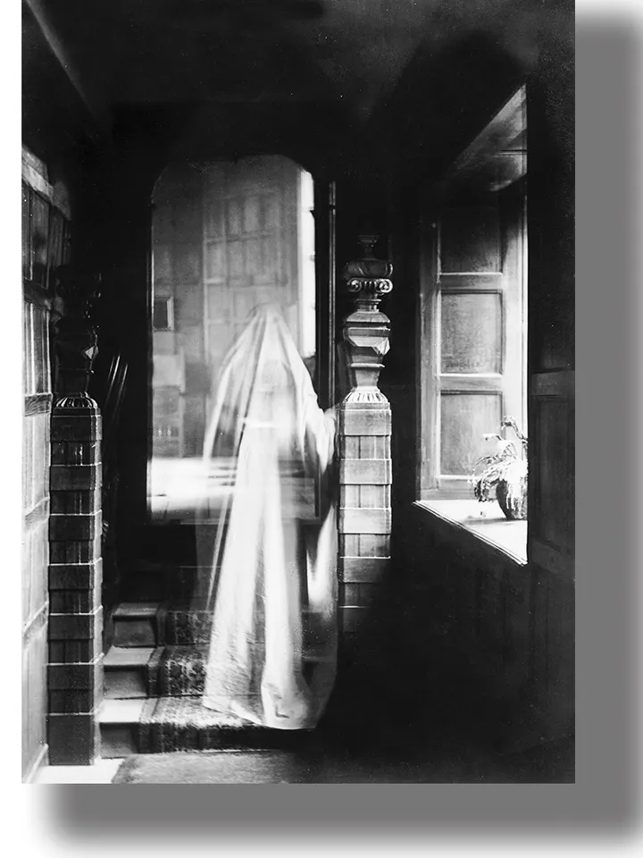 Victorian spirit photography. Dead soul illustration.