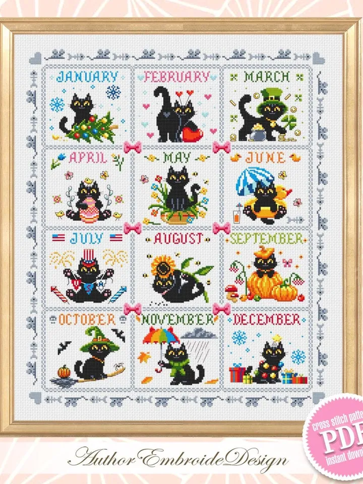 Funny cat calendar cross stitch pattern PDF download Black cat cross stitch chart, Cute cat pattern digital PDF, Cat holiday cards #K60