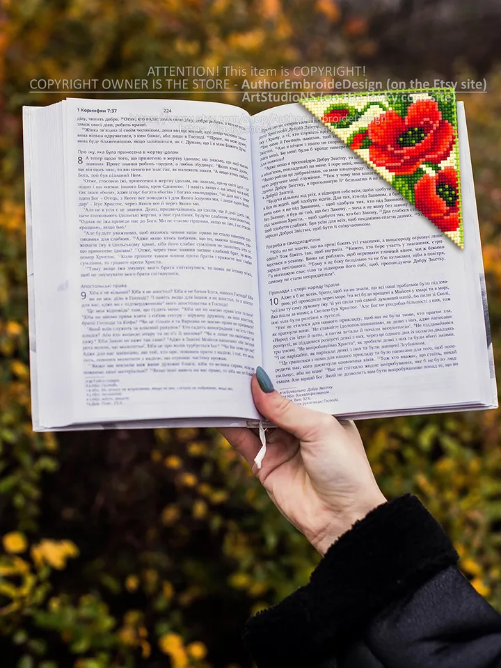 Corner bookmark poppies cross stitch pattern PDF download Red poppy flower cross stitch chart, Floral bookmark corner digital PDF #B194