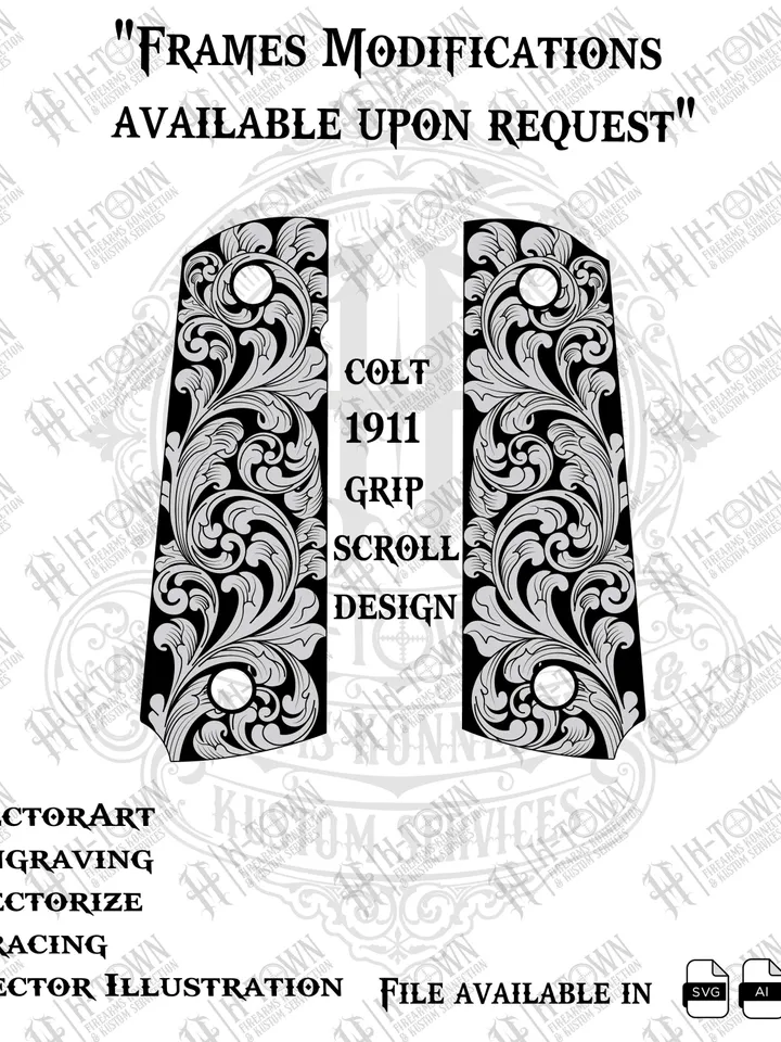 Colt 1911 Grip Scroll Engraving Design: Laser-Ready Vector (Digital Download