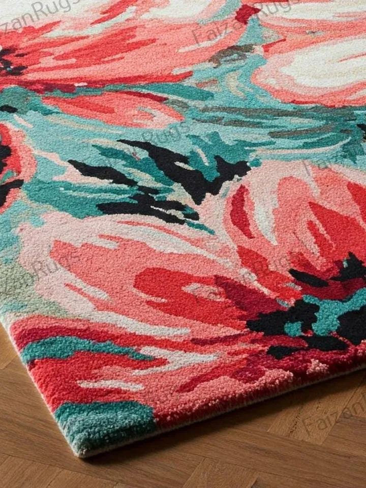 Handmade floral rug, elegant pink & red bloom for home décor, floral rug, area rug, 10x14 floral rug, pink rug, red rug, bedroom rug, rug