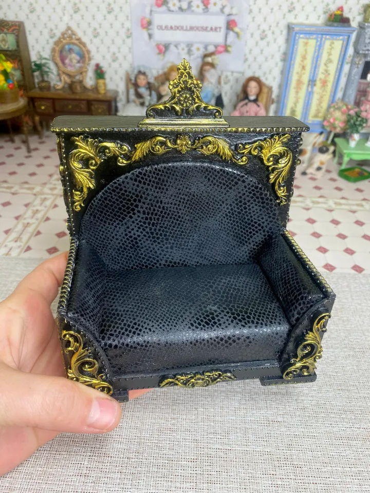 Vintage style doll sofa with gold trim. Black sofa. 1:12. Dollhouse miniature. Rare sofa for dolls. Handmade.