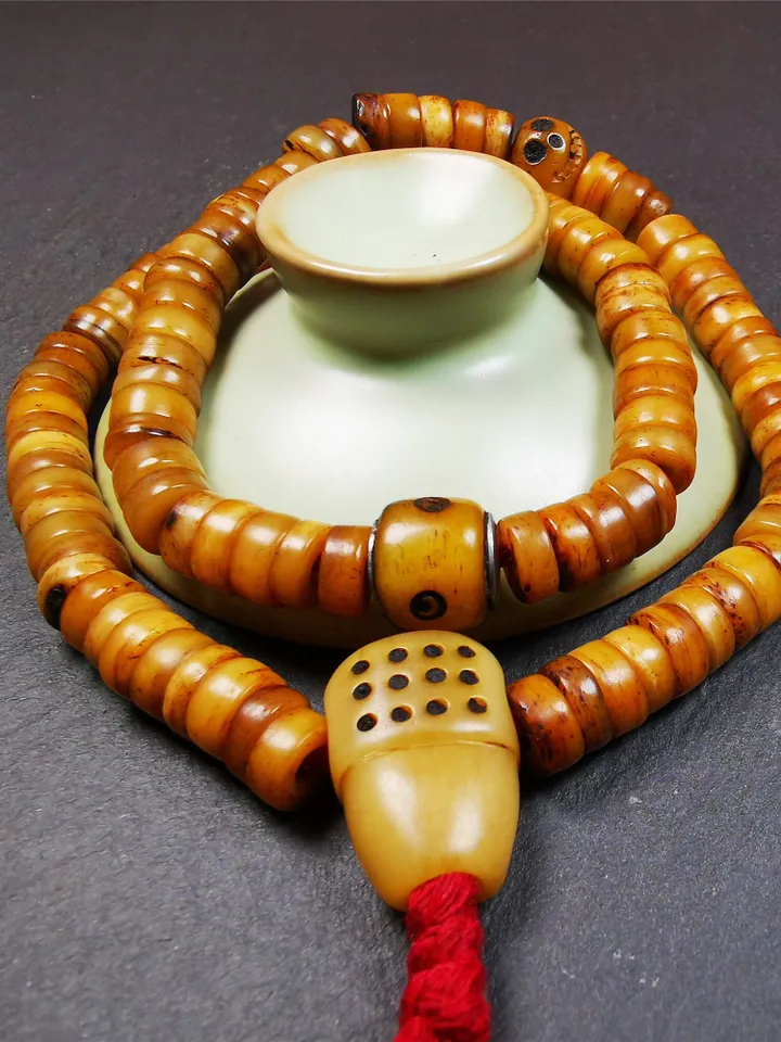 Gandhanra Old Tibetan 108 Yak Bone Mala,Prayer Beads Necklace,Rosary Beads for Meditation,Diameter 0.35", Circumference 16.5"