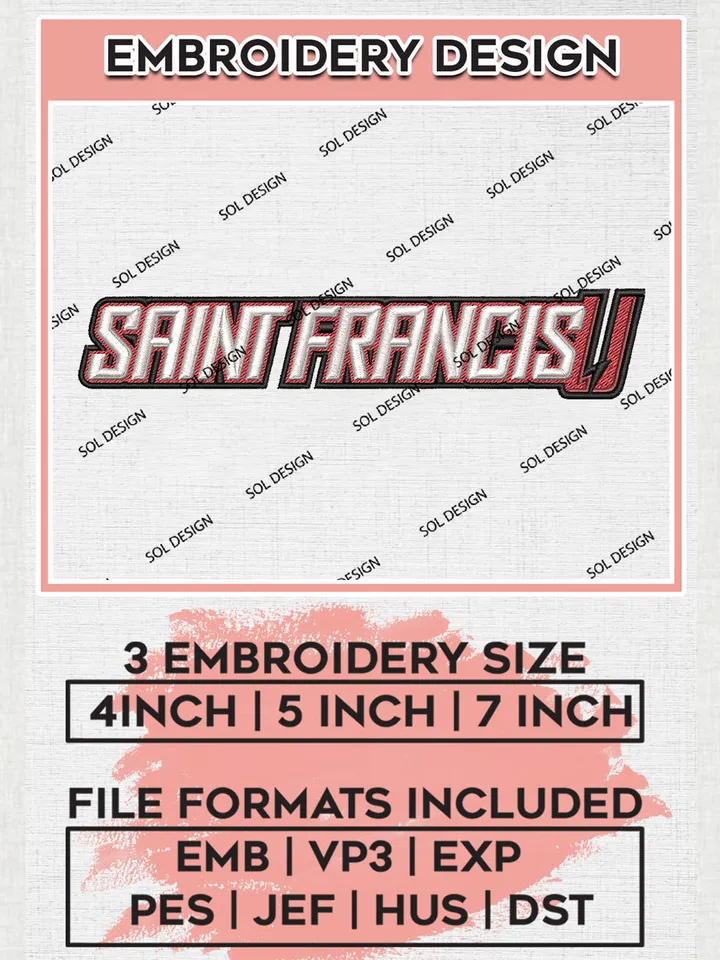 NCAA Saint Francis College Team Writing Logo Embroidery Design Files, NCAA St. Francis PA Red Flash Machine Embroidery, NCAA Teams, 3 sizes, NCAA Machine embroidery designs, Digital Download