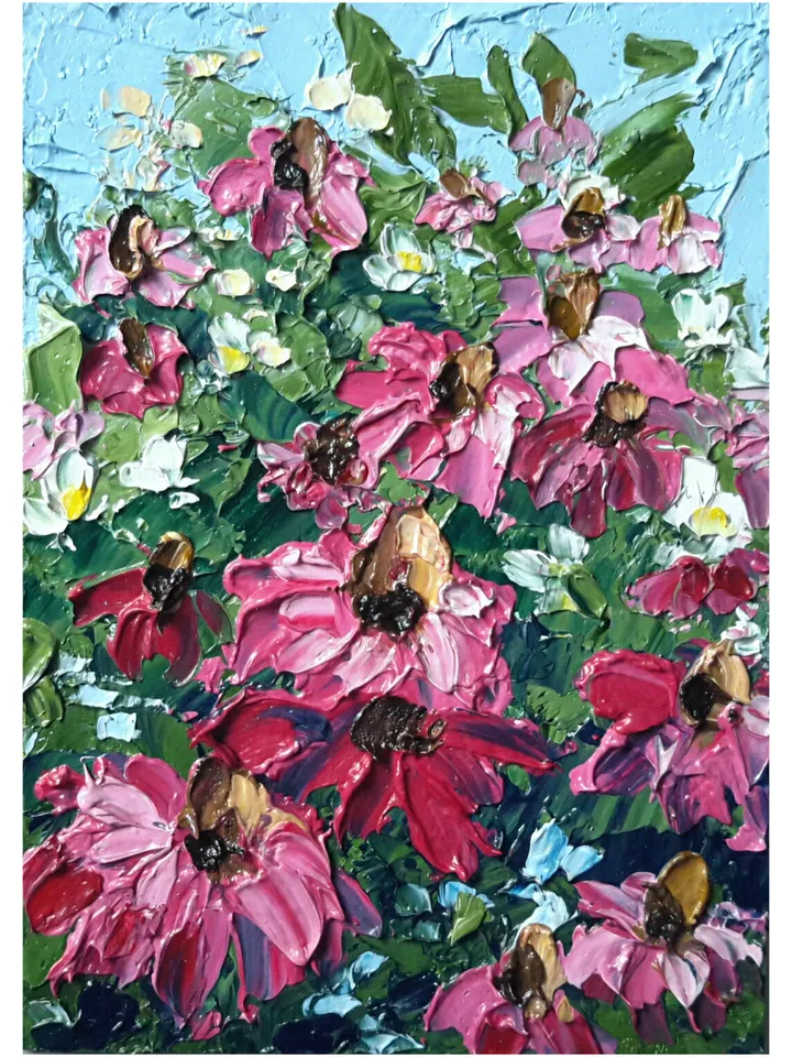 Echinacea Original Oil ACEO Painting Daisies Impasto Miniature Artwork