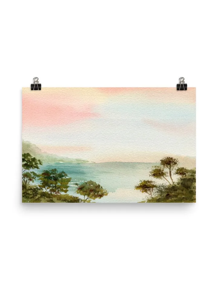 Colorful Landscape Watercolor Painting Art Print, Pink Sunset Art, Pastel Color Art, Boho Office Decor, Pink Landscape, Preppy Girl Decor