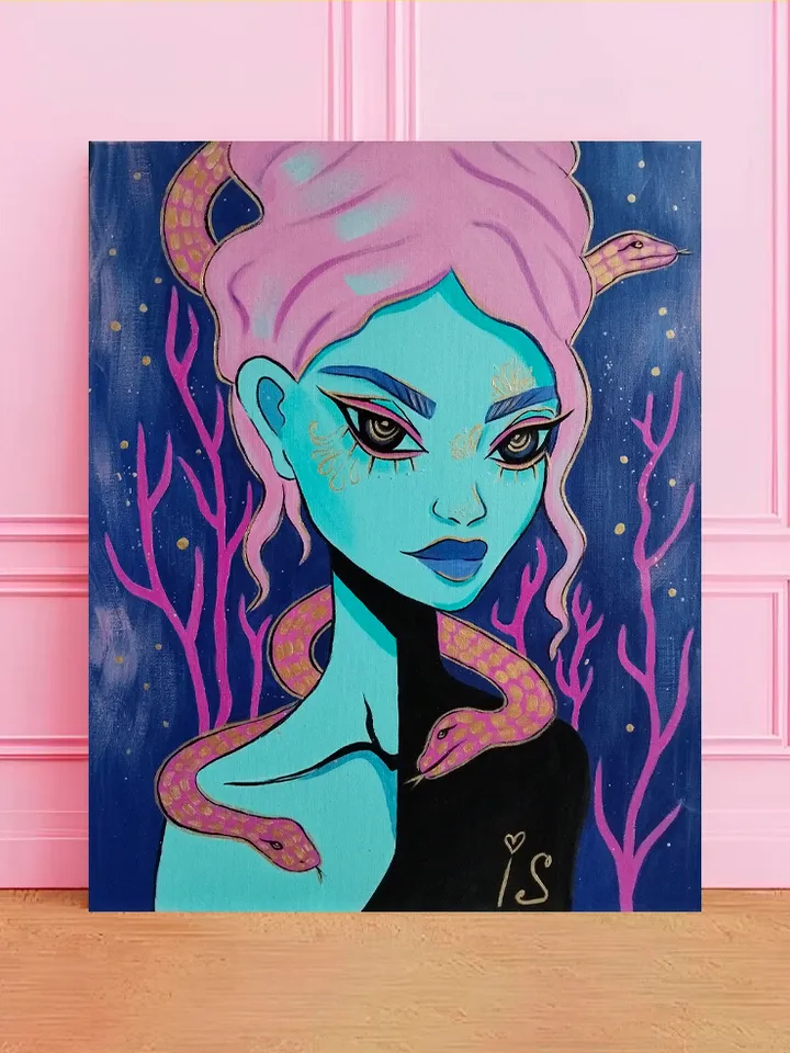 Gorgon Fantasy Original Acrylic Painting with Gold Paint