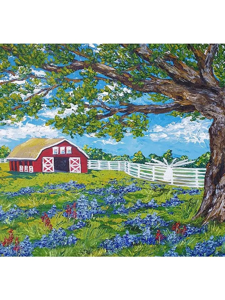 Red Barn Painting Bluebonnet Original Art Texas Wall Art Impasto Oil Painting