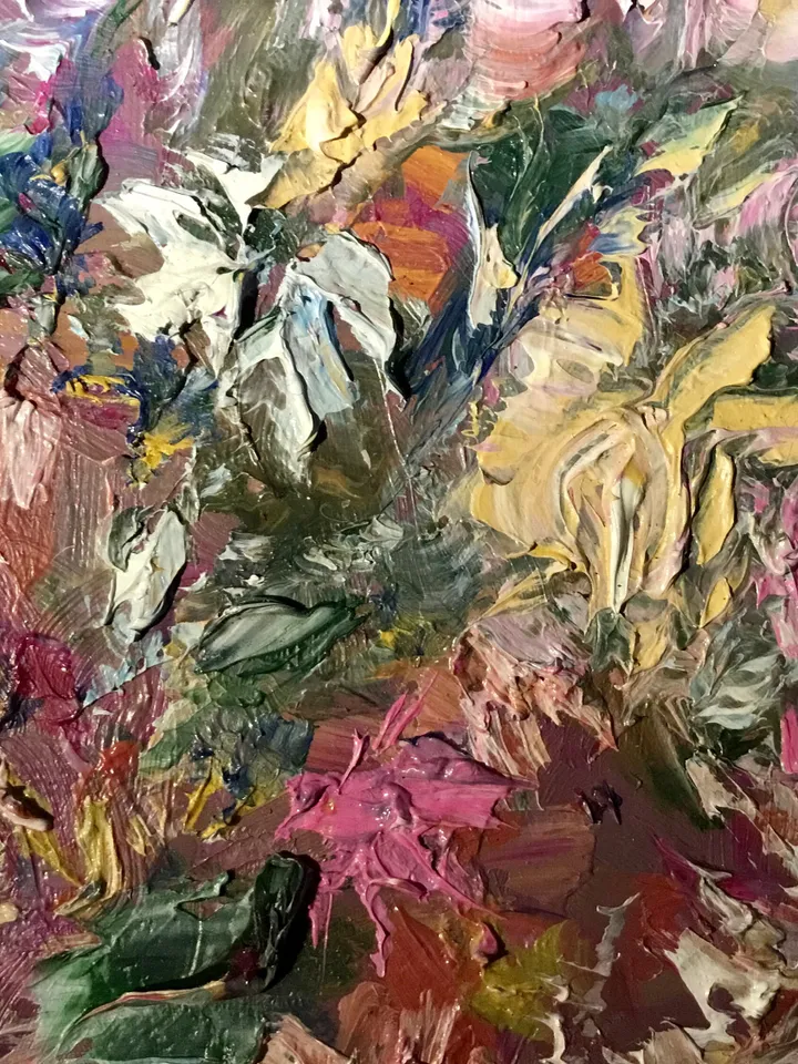 Semi - Abstract pink and yellow flower garden,original impressionistic oil painting on small canvas,unique art gift,home decoration