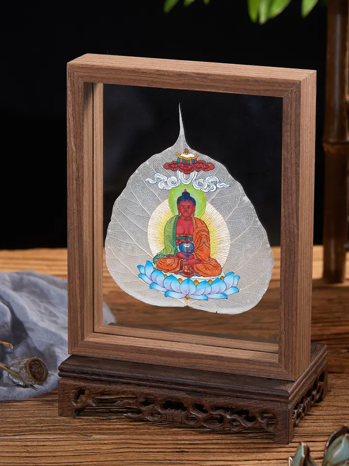 Gandhanra Handpainted Bodhi Leaf Thangka,Packed in Wooden Picture Frame,Painted with Natural Mineral Pigments,Green Tara Thangka