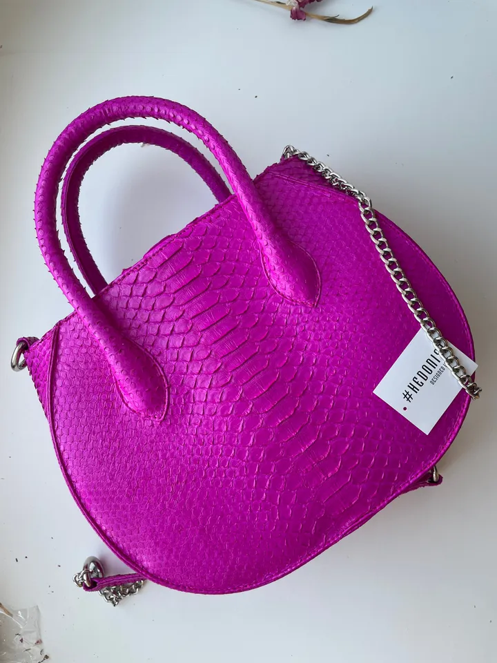 Genuine python skin top handle fuchsia bag | handmade designer bags | exotic leather bags | summer classy elegant bright colour leatherbag |