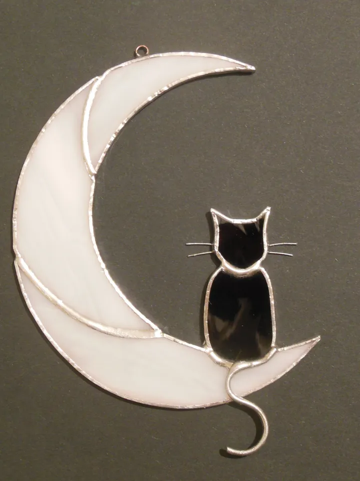 Black Cat On The Moon . Art stained glass window hanging Suncatcher . Gift for animal lover , pet loss memorial . White and black