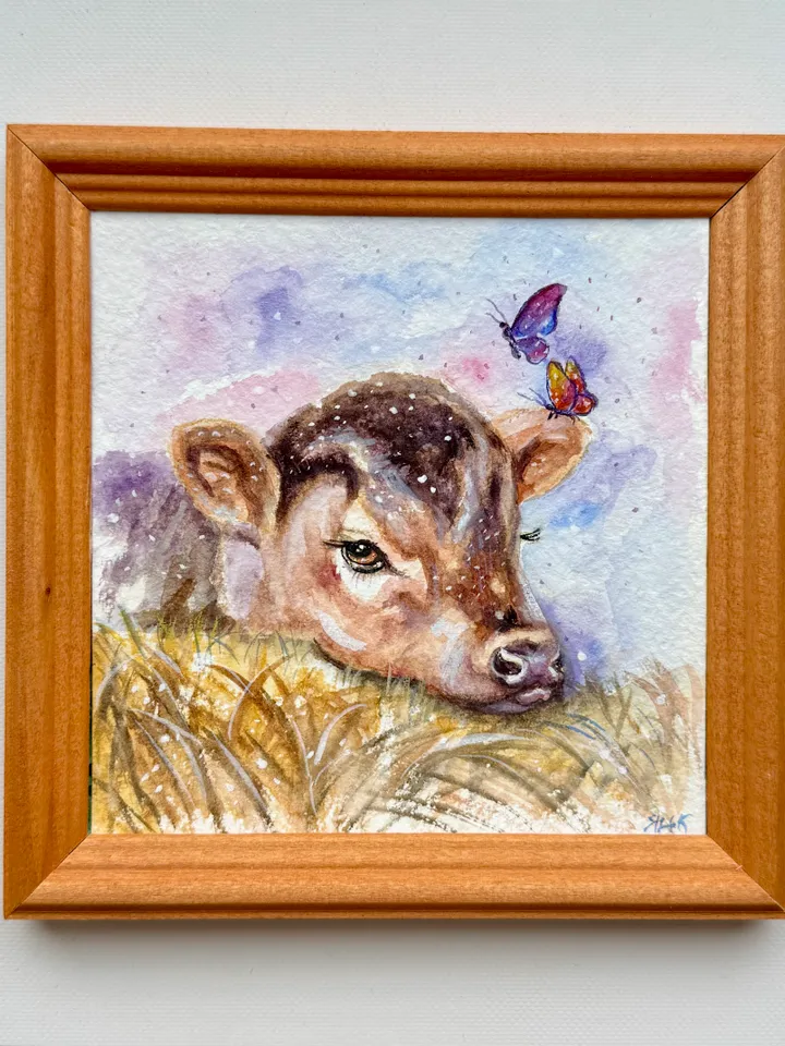 Cow Painting Original Watercolor Painting Farm Art Gift Small Animal Artwork Illustration 5 by 5