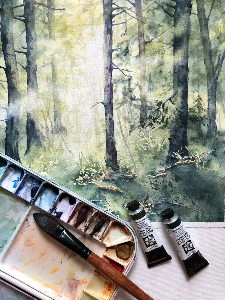 Forest Painting Original Trees Watercolor Painting Sunset Wall Art