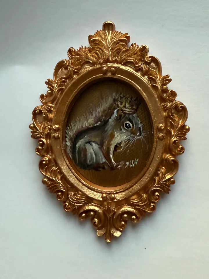 Framed Squirrel Oil Painting Original Wild Animals Art Cute North Squirrel Painting Gold Frame Victorian Painting