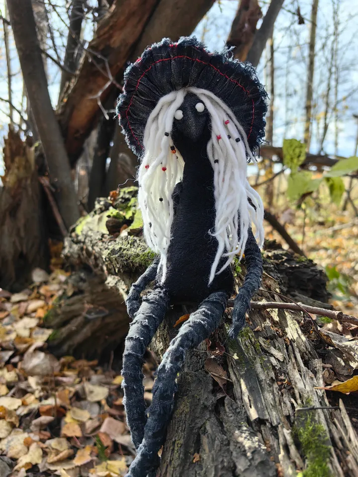 Mushroom art doll Fantasy creature Forest spirit doll Gothic figurine Shelf sitters Black witch goddess Weird art doll