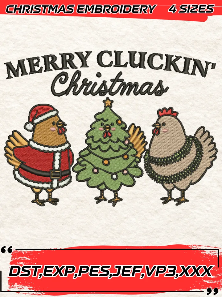 Merry Cluckin' Christmas Embroidery Design,Christmas Embroidery Design,4 Sizes, Digital Download
