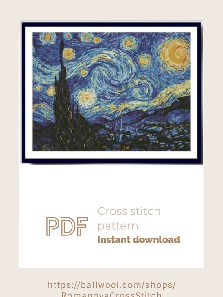 Van Gogh Starry Night cross stitch PDF pattern, Famous embroidery, Instant download