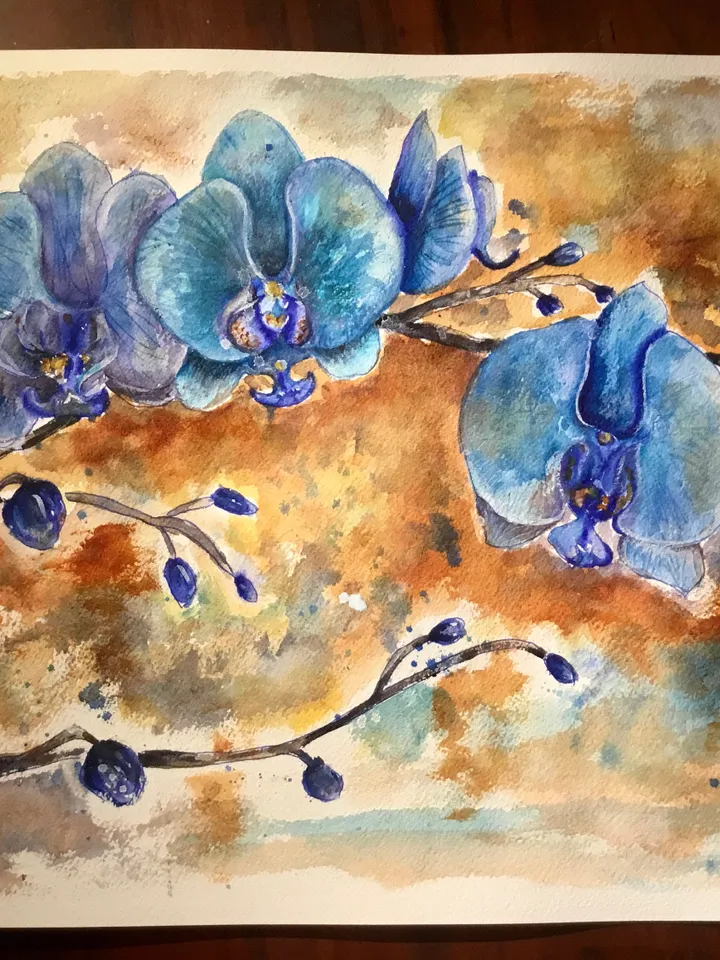 Blue orchids original watercolour painting,flowers watercolour painting,orchids wall art,unique watercolour gifts,one of a kind.