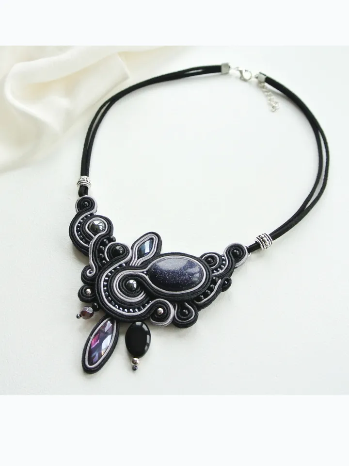 Black Statement necklace with Aventurine stone, Soutache embroidered necklace with natural stone