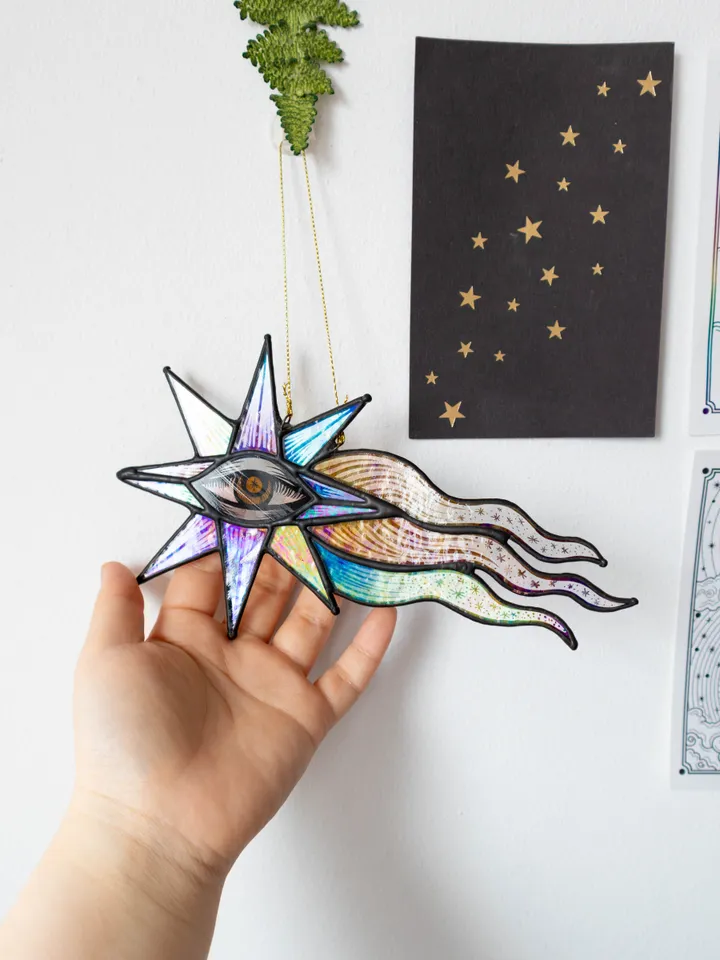 Stained glass ornament, Celestial home decor, Star Art
