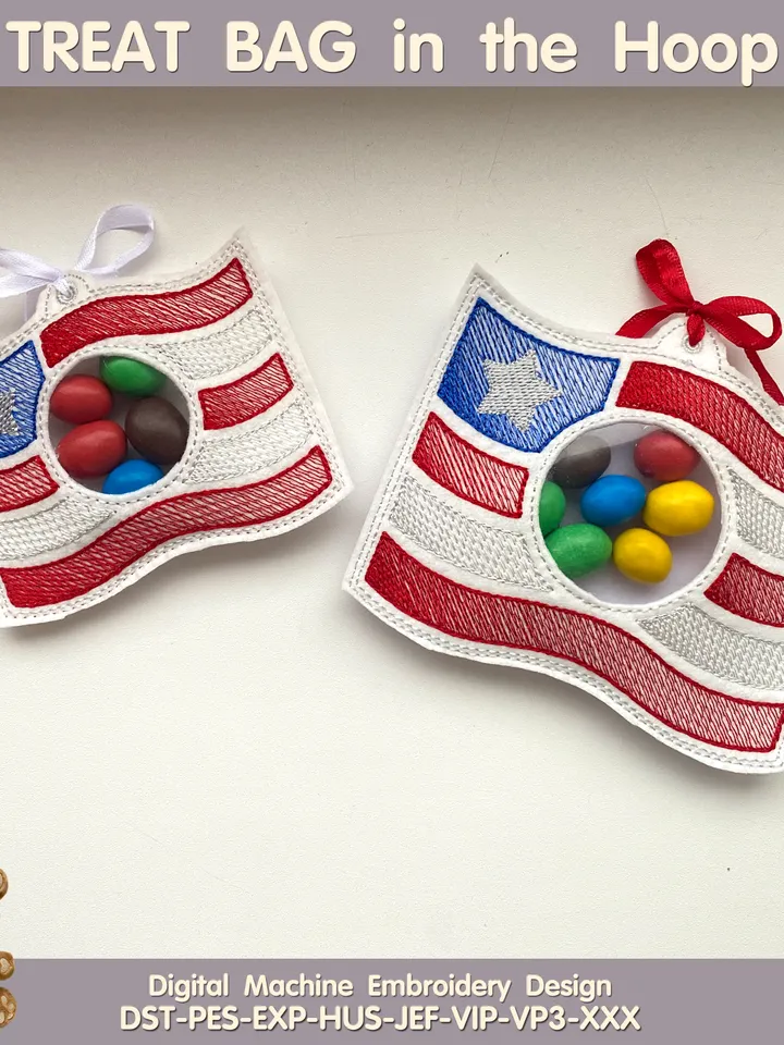 In The Hoop Machine Embroidery design ITH Peekabo Bag American Flag USA Patriotic 4th of July Treat Bag ITH Pattern.