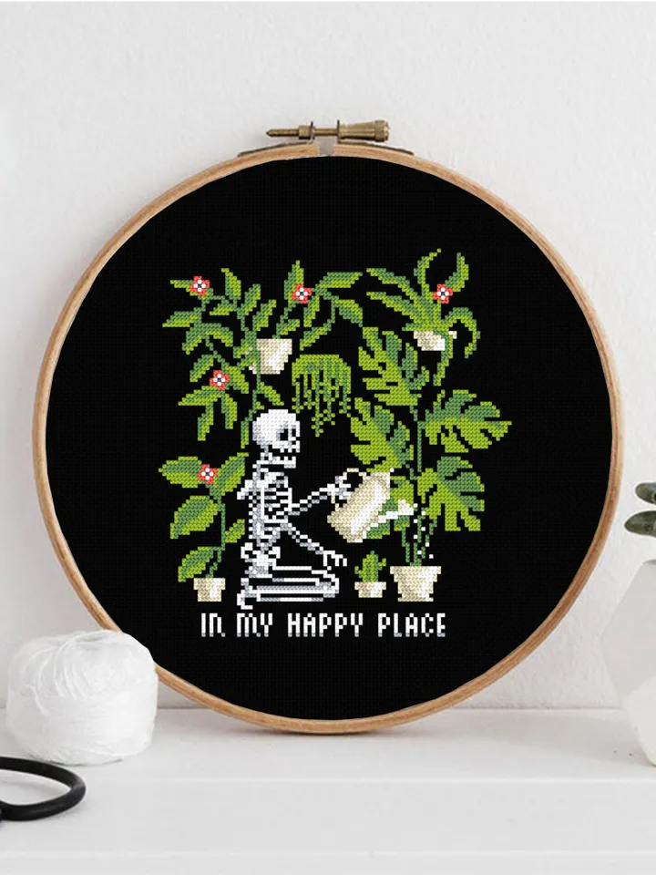 Skeleton plants cross stitch pattern PDF download Gothic skeleton cross stitch chart In my happy place, Gothic home decor, Plant lover #P39