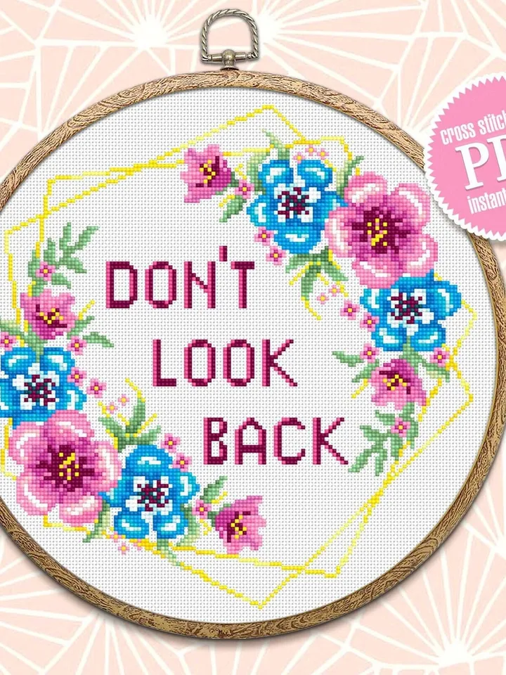 Motivational quote cross stitch pattern Dont look back Instant download PDF, Floral wreath cross stitch chart, Flower border pattern #Q16