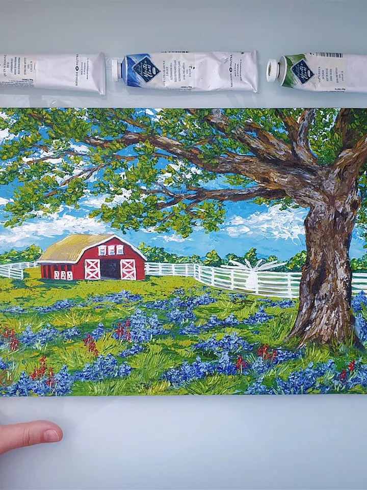 Red Barn Painting Bluebonnet Original Art Texas Wall Art Impasto Oil Painting