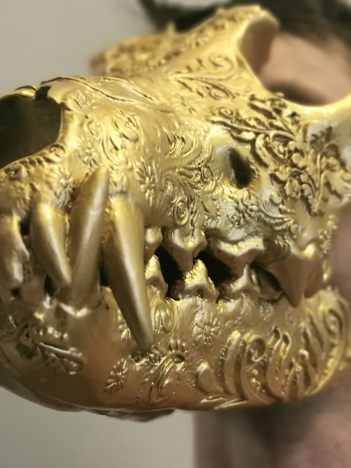 Golden Wolf Skull Mask, Pattern Mask, burning man mask, custom cosplay mask, cosplay face mask, shamanic mask, pagan mask, ritual mask