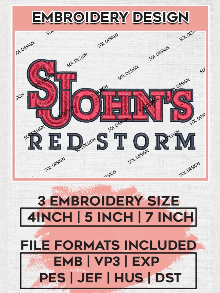 NCAA St. John's Red Storm College Team Logo Embroidery Design Files, NCAA St Johns Red Storm Machine Embroidery, NCAA Teams, 3 sizes, NCAA Machine embroidery designs, Digital Download