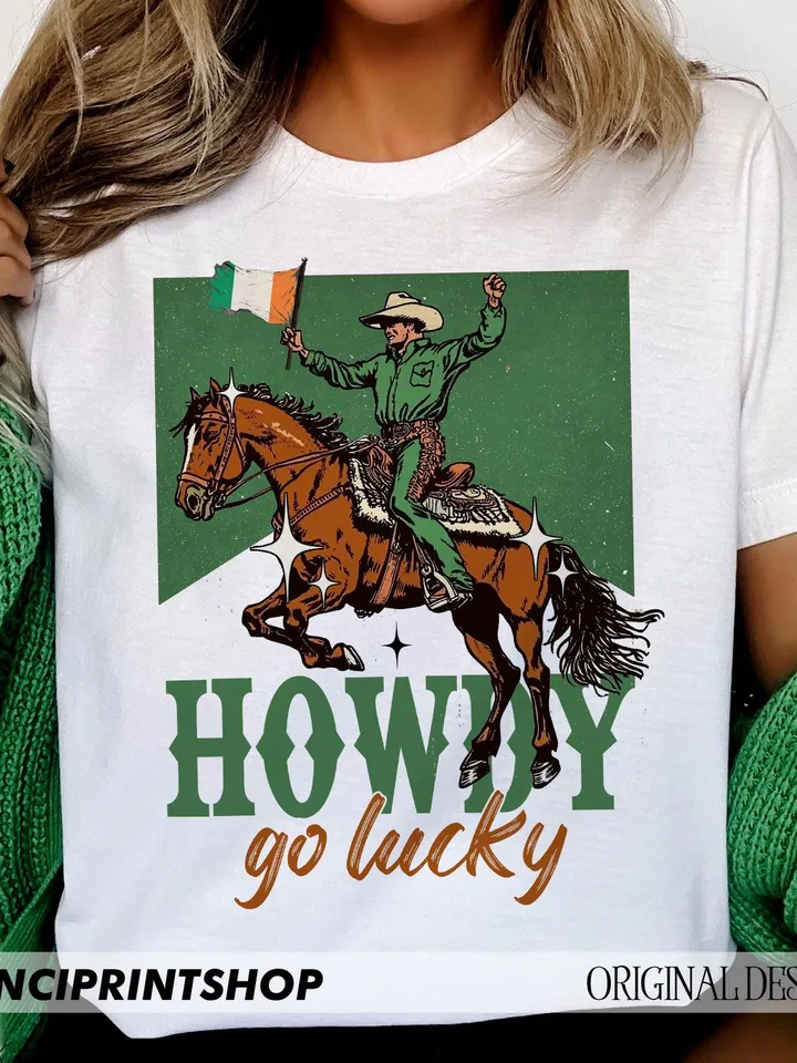 Howdy Go Lucky Png, Western St patricks day png, Retro st patricks png, St patrick png, Cowgirl St patricks png, irish day png, western png